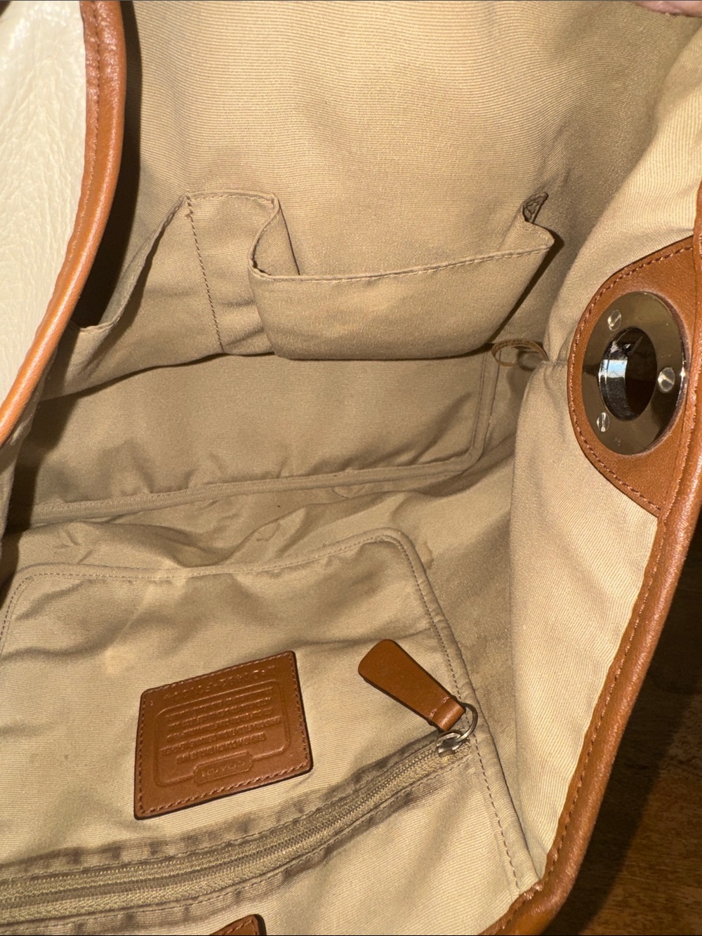 Cream and Brown Coach Pebble Leather Tote Bag - Classic Women's Handbag - Picture 14 of 15
